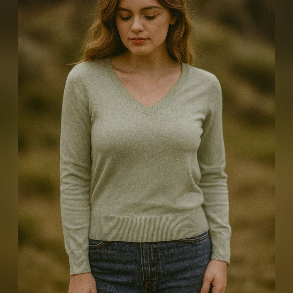 Light Green Sweater M V Neck Preppy English Manor Lightweight Cottagecore Coquet